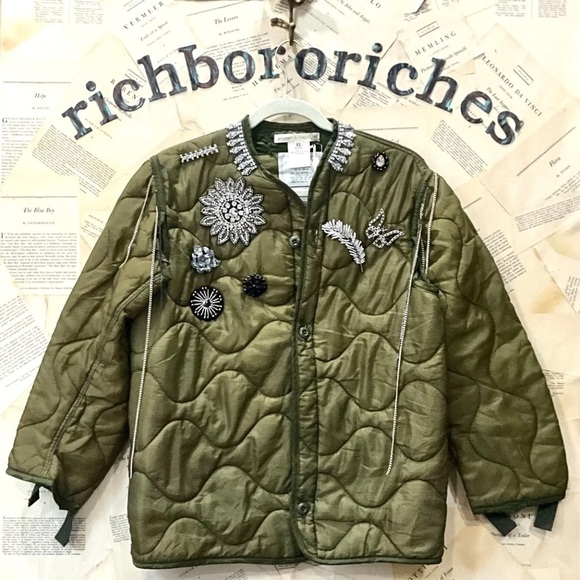 Free People X Tricia Fix Broached Liner Jacket Upcycled Reworked Olive - Picture 2 of 8